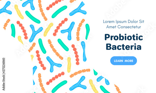Vector background with probiotics. Bifidobacterium, lactobacillus, streptococcus thermophilus, lactococcus, propionibacterium. Landing page template, banner, mailing, advertising, label, presentation