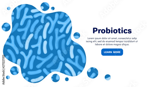 Vector background with probiotics. Bifidobacterium, lactobacillus. Lactic acid bacterium. Microbiome. Medicine or dietary supplement. Landing page, banner, mailing, advertising, label, presentation