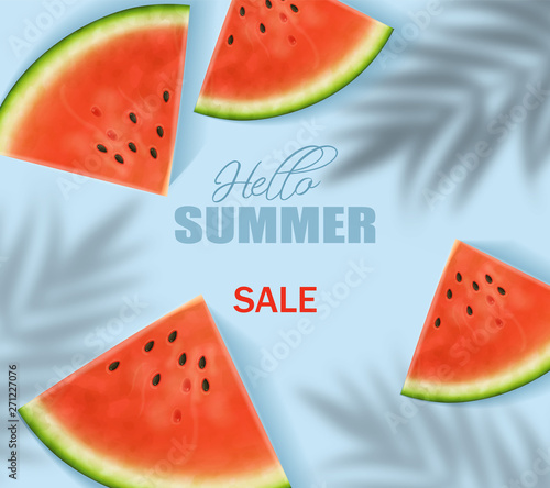 Watermelon slices Vector realistic. Summer tropic seaside view background. 3d detailed juicy fruits slices