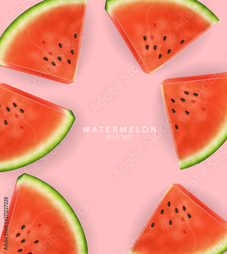 Watermelon slices Vector realistic. Summer tropic seaside view background. 3d...