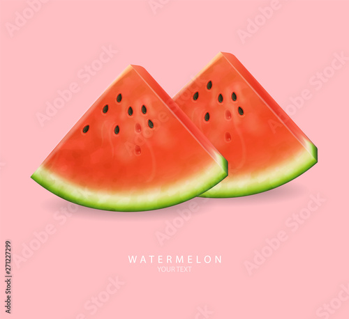 Watermelon slices Vector realistic. Summer tropic seaside view background. 3d detailed juicy fruits slices