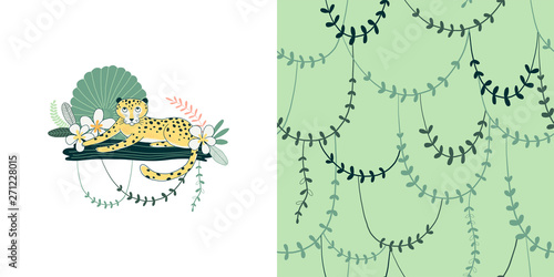 Twisted wild liana branches vector seamless color pattern. Lying guepard hand drawn illustration. Rainforest, flora and fauna. Tropical leaves and flowers. Decorative textile, wallpaper, t-shirt print