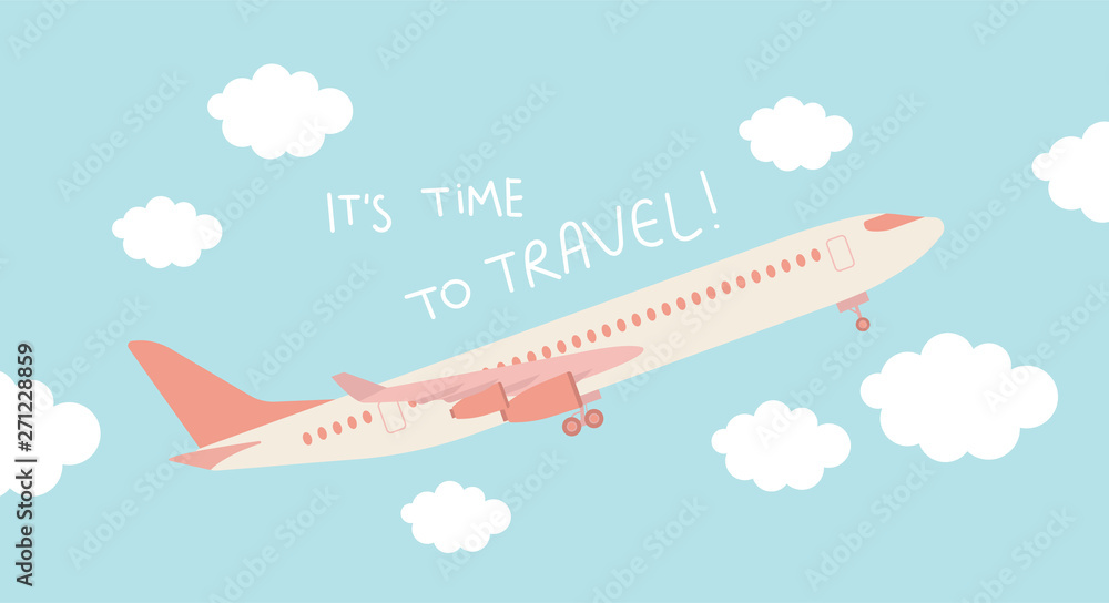 It's time to travel! Travel vacations design picture of aircraft, airplane, airliner in cloud. Vector illustration. Blue background.