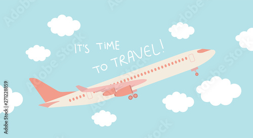 It's time to travel! Travel vacations design picture of aircraft, airplane, airliner in cloud. Vector illustration. Blue background.