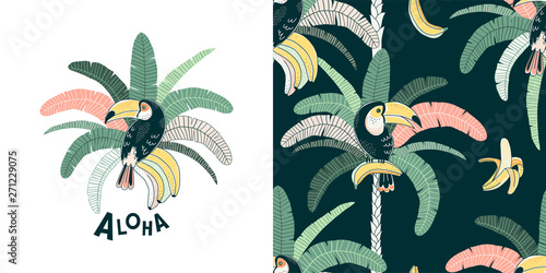 Rainforest vector color seamless pattern. Aloha hand drawn lettering. Fruit eating bird. Tropical bird, toucan on palm. Decorative textile, wrapping paper, t-shirt, print