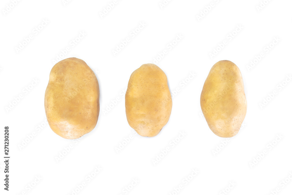 three potato top view on white background. three potato top view on white background.