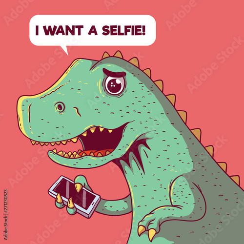 Dinosaur trying to take a selfie vector illustration. Selfie, technology, future, social media, connected, sharing design concept