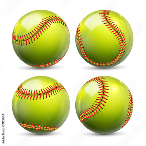 Yellow Softball Equipment Of Baseball Set Vector. Glossy Element Of Team Playing Game Softball. Different View Of Ball With Red Seams For Activity Professional Sport Realistic 3d Illustration