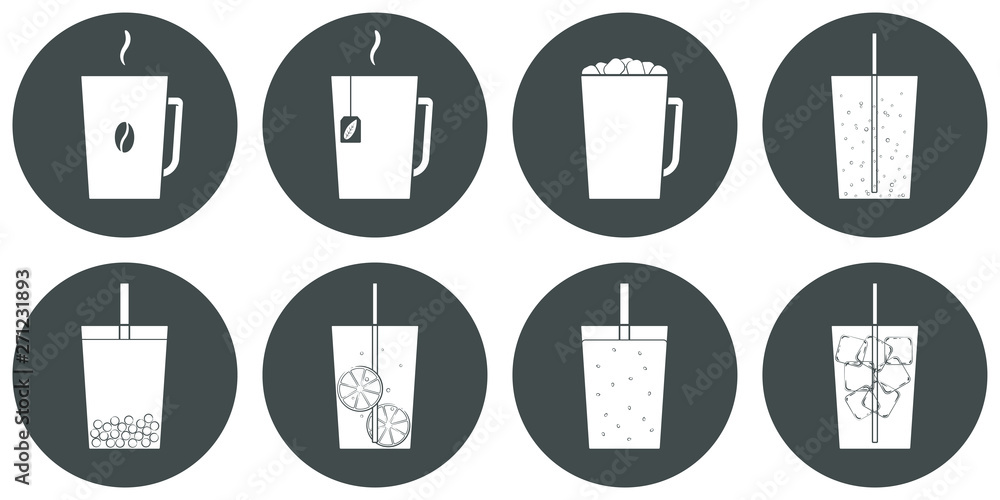 Vector set of beverage icons. Trasparent, no fill on cup. Isolated in circle. Soft drinks, hot - coffee, tea, cocoa, chocolate. cold - lemonade, soda pop, smoothie, bubble tea, ice tea. Vector set of beverage icons. Trasparent, no fill on cup. Isolated in circle. Soft drinks, hot - coffee, tea, cocoa, chocolate. cold - lemonade, soda pop, smoothie, bubble tea, ice tea.