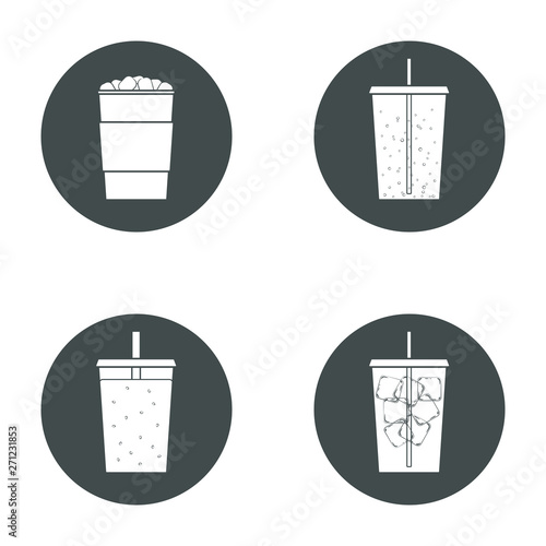 Vector set of beverage icons. Trasparent, no fill on cup. Isolated in circle. Soft drinks for take away. Hot - cocoa, chocolate. Cold - lemonade, soda pop, smoothie, ice tea.