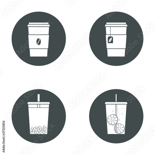 Vector set of beverage icons. Trasparent, no fill on cup. Isolated in circle. Soft drinks for take away. Hot - coffee, tea. Cold - lemonade, bubble tea.