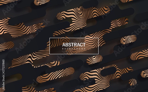 Black abstract background with geometric paper shapes and golden curved lines