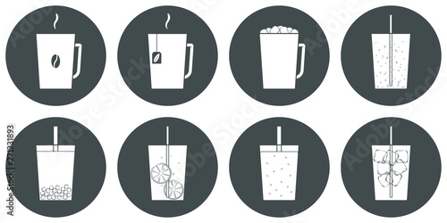 Vector set of beverage icons. Trasparent  no fill on cup. Isolated in circle. Soft drinks  hot - coffee  tea  cocoa  chocolate. cold - lemonade  soda pop  smoothie  bubble tea  ice tea.