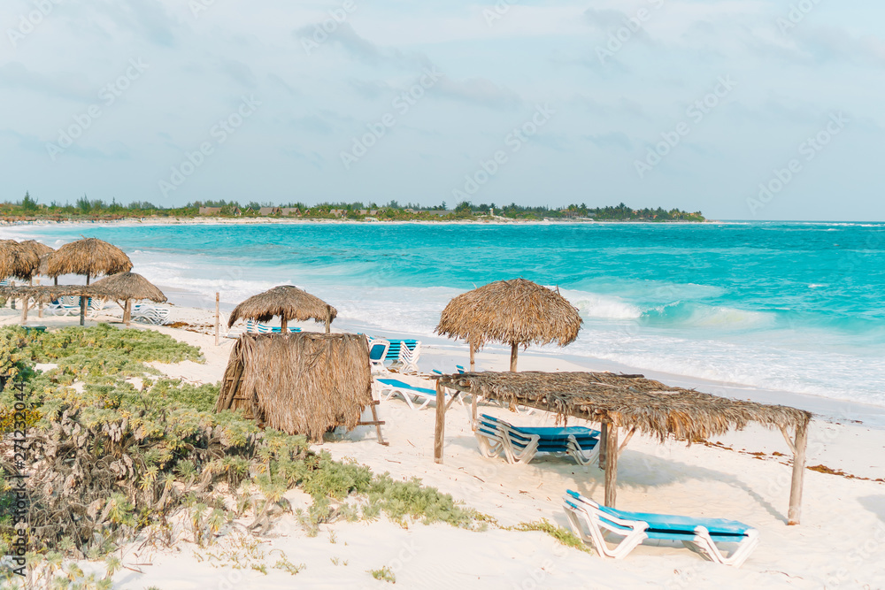 Idyllic tropical beach with white sand, turquoise ocean water and big palm trees Idyllic tropical beach with white sand, turquoise ocean water and big palm trees
