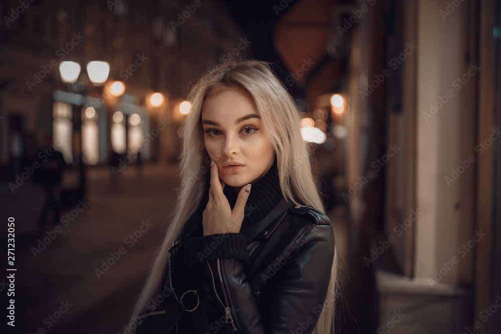 beauty woman posing over night illuminated street beauty woman posing over night illuminated street