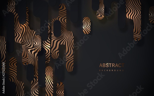 Black abstract background with geometric paper shapes and golden curved lines