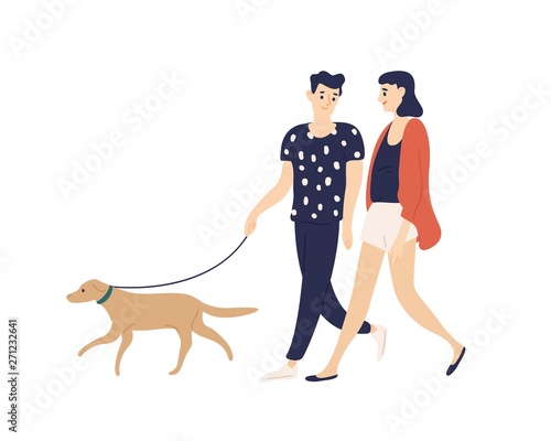 Funny romantic couple walking dog on leash isolated on white background. Cute young boy and girl with their domestic animal. Daily life or everyday scene. Flat cartoon colorful vector illustration.