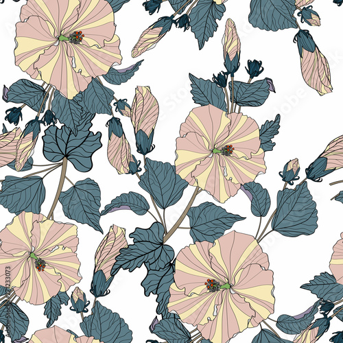 Flower pattern. Large flowers of hibiscus  various plants  leaves  buds form continuous lines. Dark pastel colors  beige  green  blue. White background.