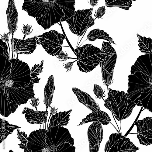 Black hibiscus - flowers and buds. Seamless white background pattern. Wallpaper. Decorative composition. Use printed materials, signs, posters, postcards, packaging.