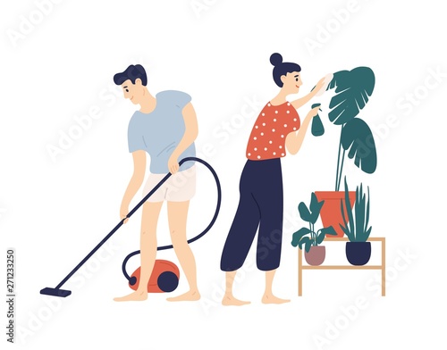 Smiling young man and woman cleaning house together. Boy vacuuming floor at home and girl taking care of plant. Everyday activity of cute funny romantic couple. Flat cartoon vector illustration.