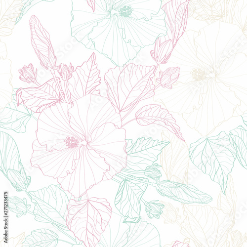 Tropical seamless pattern with mint, beige, pink line exotic plants hibiscus flowers. 