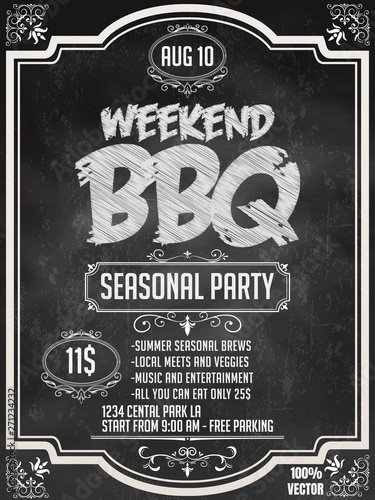 BBQ party invitation template on chalkboard. Summer Barbecue weekend flyer. Grill illustration with food sketches elements. Vector design for celebration, invitation, greeting card.
