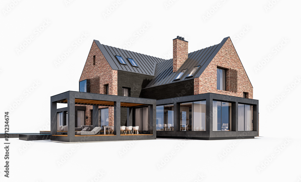 3d rendering of modern cozy clinker house on the ponds with garage and pool for sale or rent. Isolated on white 3d rendering of modern cozy clinker house on the ponds with garage and pool for sale or rent. Isolated on white
