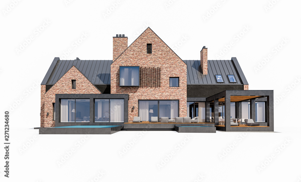 3d rendering of modern cozy clinker house on the ponds with garage and pool for sale or rent. Isolated on white 3d rendering of modern cozy clinker house on the ponds with garage and pool for sale or rent. Isolated on white