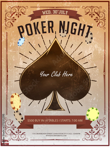 Poker Night party template or flyer design decorated with floral pattern, chips and playing cards element on yellow grunge background. Design template with sample text for promoting your events.