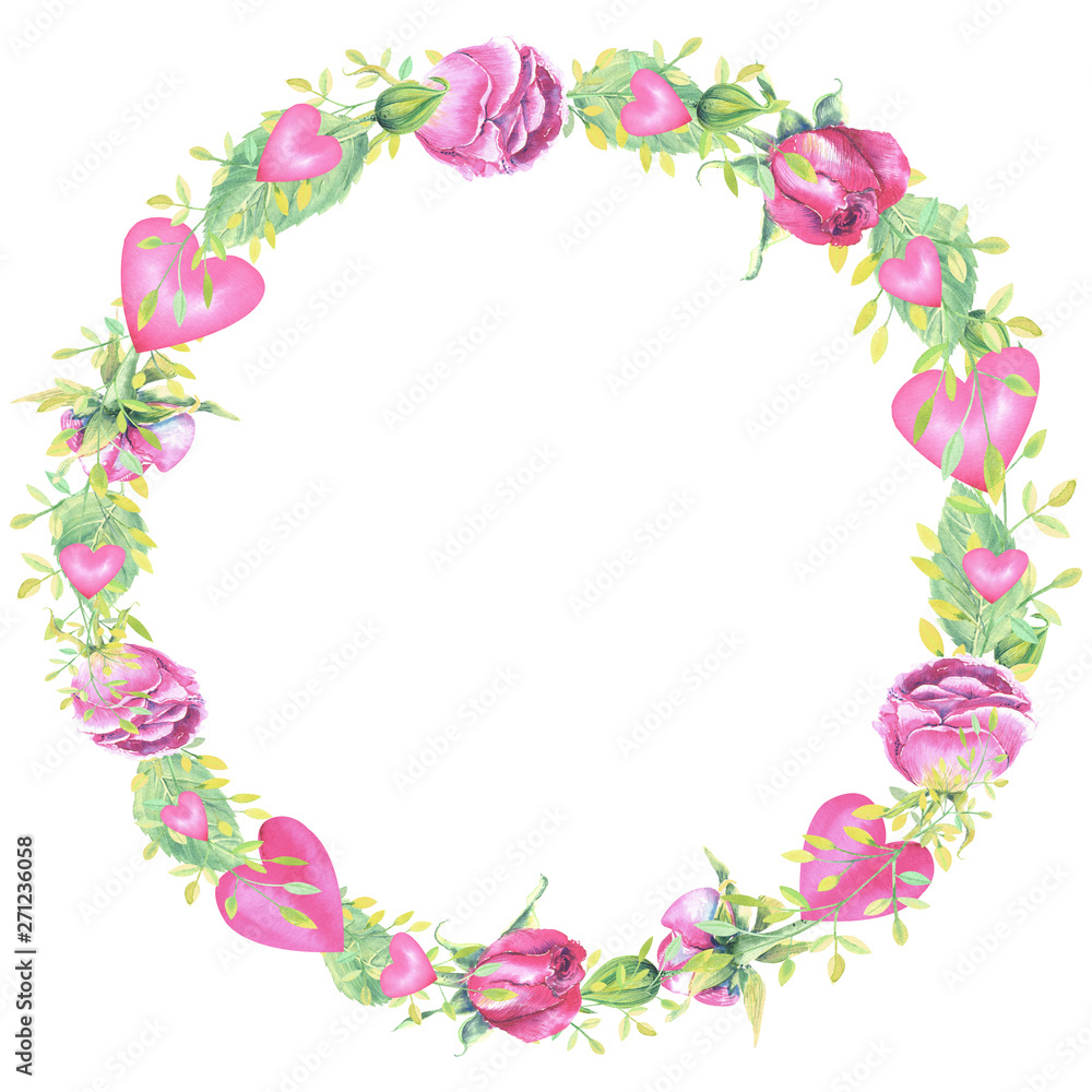 Wreath with pink roses and floral elements, hearts  on a white background .Hand painted in watercolor.