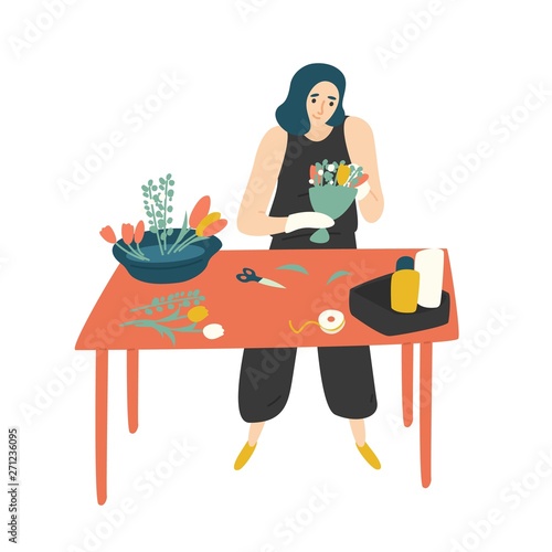 Cute happy woman standing at table and making bouquet. Smiling female florist at floristry shop. Funny girl enjoying her hobby isolated on white background. Flat cartoon colorful vector illustration.