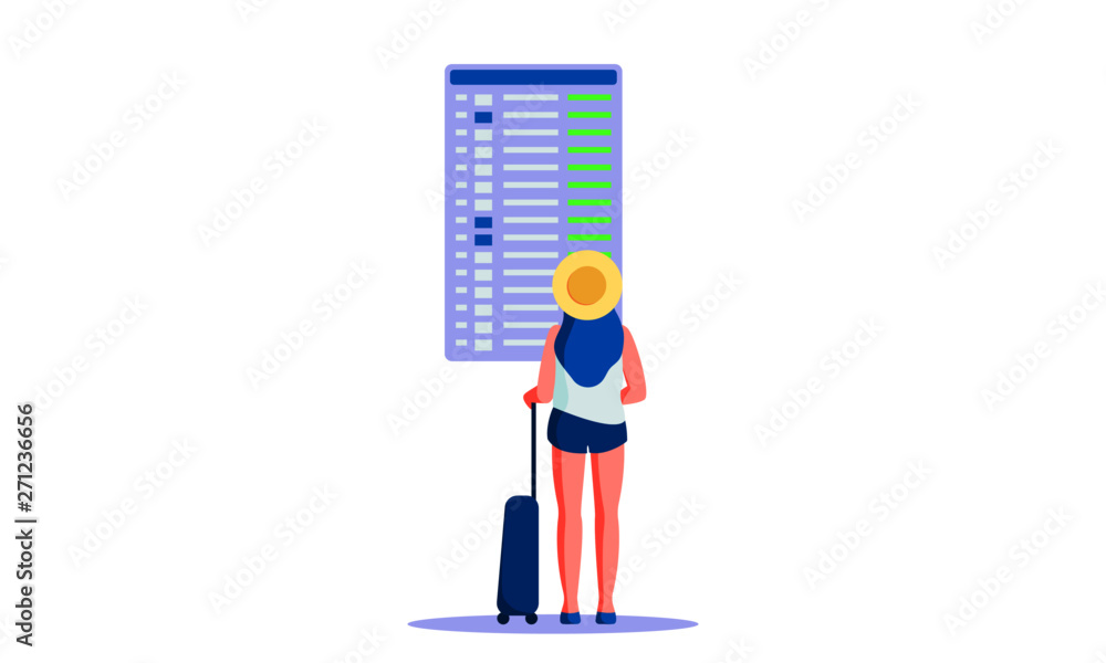 Girl looking at airport timetable vector illustration. Flat female blue hair character with travel suitcase looking at flight departure board. Concept of travelling, tourism, vacations, wanderlust. Girl looking at airport timetable vector illustration. Flat female blue hair character with travel suitcase looking at flight departure board. Concept of travelling, tourism, vacations, wanderlust.