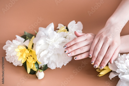 Closeup view of woman with beautiful hands on color background  space for text