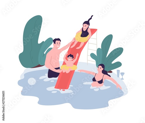 Cute family having fun at water park. Mom, dad and children spend time together in swimming pool. Leisure activity. Funny cartoon characters isolated on white background. Flat vector illustration.