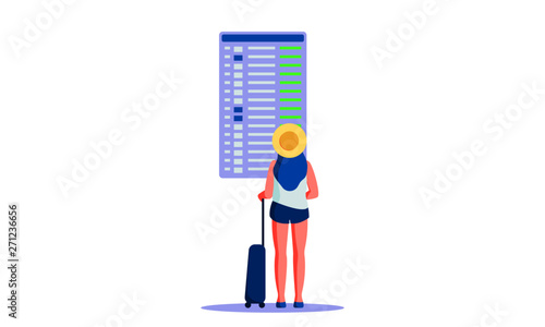 Girl looking at airport timetable vector illustration. Flat female blue hair character with travel suitcase looking at flight departure board. Concept of travelling, tourism, vacations, wanderlust.