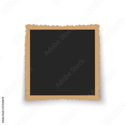 Retro photo frame with vintage figured edges isolated on white background. Blank old photo card with shadow. Mock up template photo design.