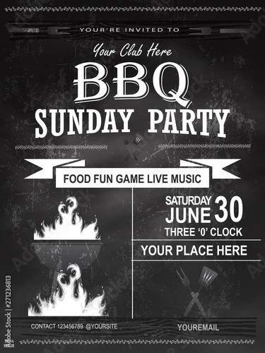 BBQ party invitation template on chalkboard. Summer Barbecue weekend flyer. Grill illustration with food sketches elements. Vector design for celebration, invitation, greeting card