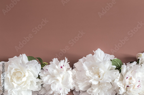 Design concept - top view of bunch of beautiful flowers on colored background with copy space