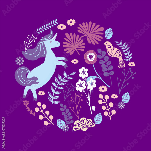 Unicorns on a floral background with a fairy forest. Vector  Romantic hand drawing illustration