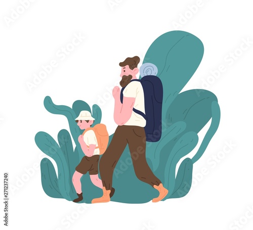 Dad and son with backpacks walking or hiking. Parent and child tourists travelling or backpacking. Family touristic activity. Happy fatherhood or parenting. Flat cartoon colorful vector illustration.
