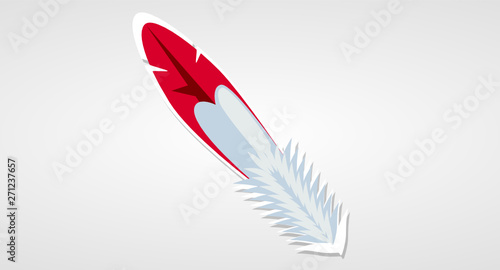 Cute poster with red and white glitter feathers. Vector hand drawn illustration. Suitable for badge 