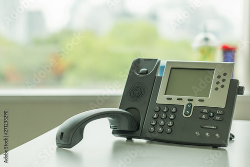 close up soft focus on ip phone devices at office desk