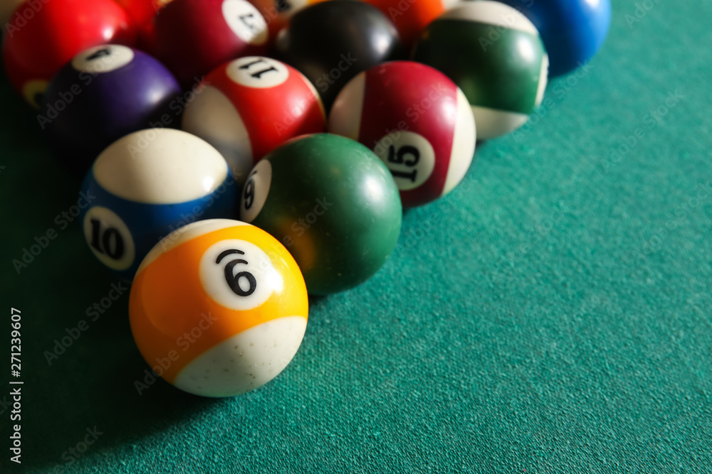 Billiard balls on table, closeup Billiard balls on table, closeup