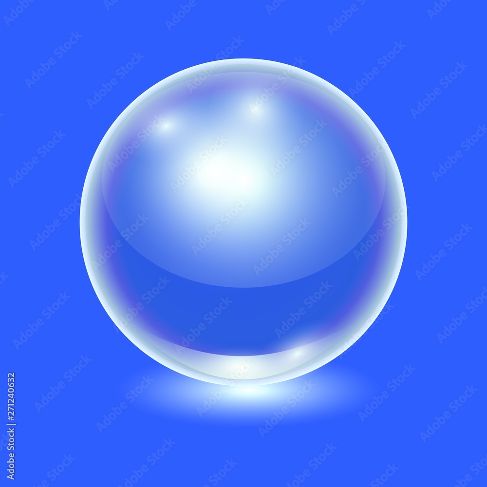 Vector realistic white transparent glass ball, shine sphere or soup bubble on blue background. 3D illustration. Vector realistic white transparent glass ball, shine sphere or soup bubble on blue background. 3D illustration.