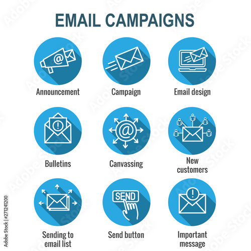 Email marketing campaigns icon set with email list, announcement, send button