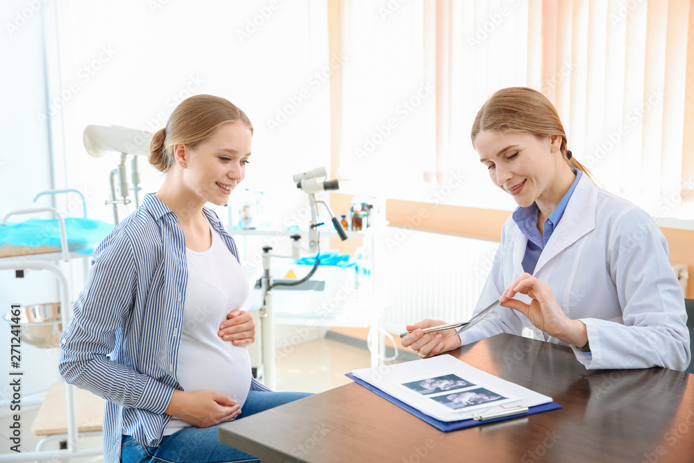 Obraz premium Pregnant woman visiting her gynecologist in clinic