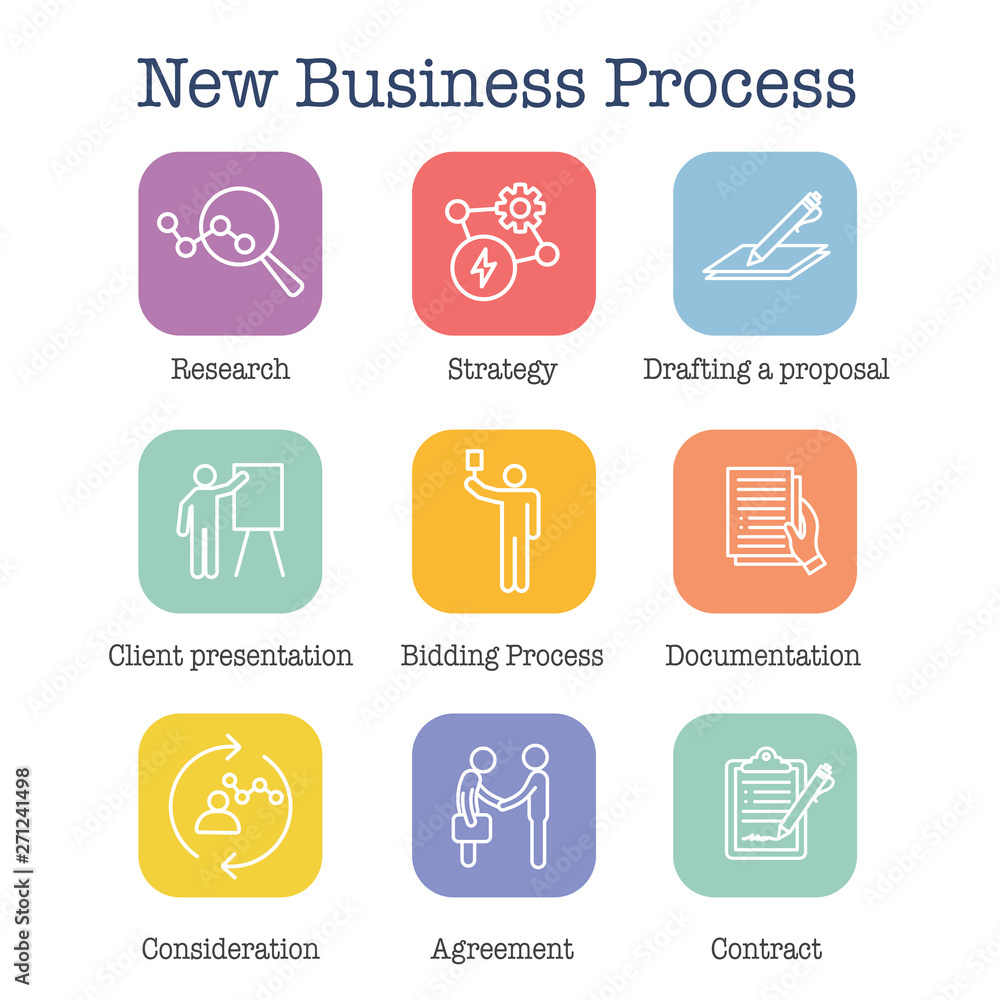 New Business Process Icon Set with Bidding Process, Proposal, Contract New Business Process Icon Set with Bidding Process, Proposal, Contract