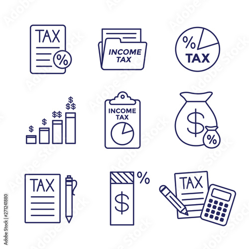 Tax concept with percentage paid, icon and income idea. Flat vector outline illustration.