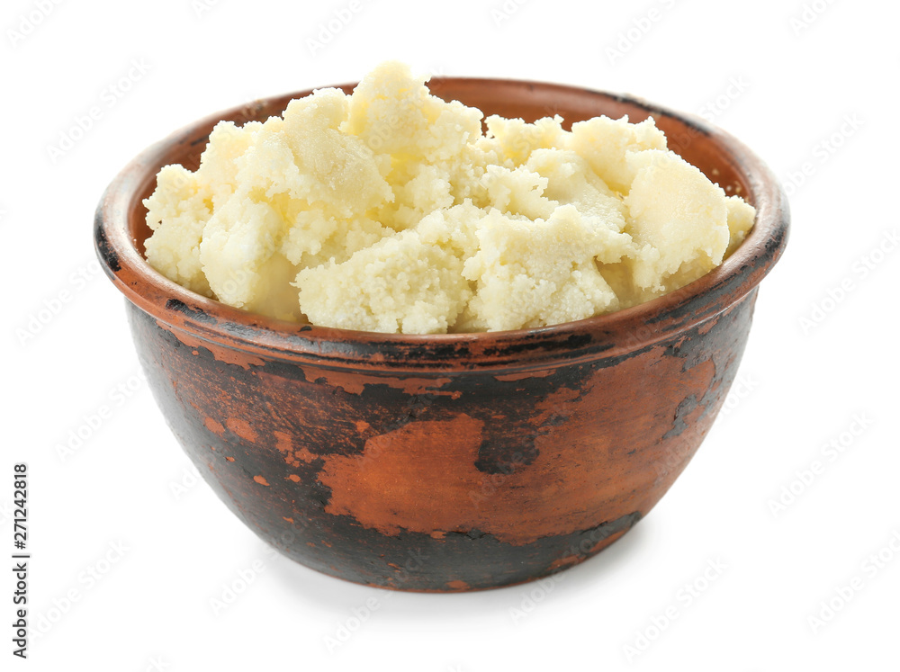 Bowl with shea butter on white background Bowl with shea butter on white background
