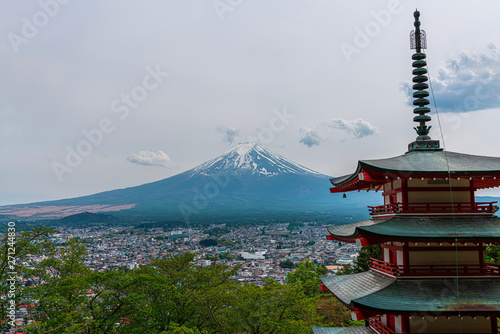 Beautiful Fuji Mountain, Fujisan volcano at Kitaguchi Hongu Fuji Sengen Jinja Shrine, temple Japan